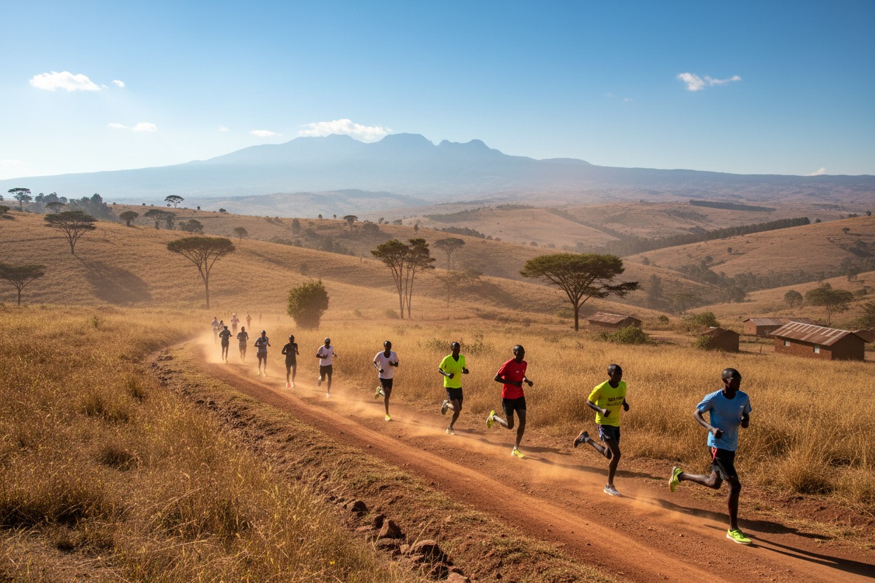 A group of runners training together on a dusty dirt road winding through a vast savannah with mountains in the background.